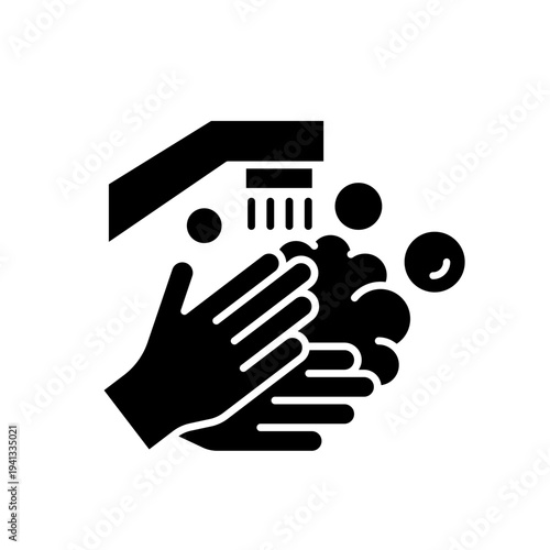 Washing hands to keep clean icon set. Disease prevention protect, sanitizer, antiseptic, antibacterial symbols. Wash hands rinse water, foam cream, tap, soap, label, badge, logo, black, line, vector.