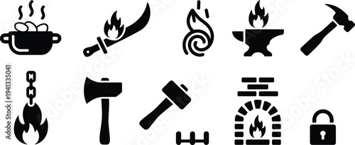 Blacksmith and forging icons set, anvil fire, hammer tools, hot metal forging, medieval workshop vector glyph symbols