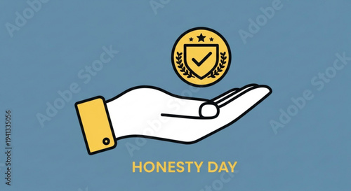 Hand holding checkmark shield icon for honesty day with laurel wreath on blue background
