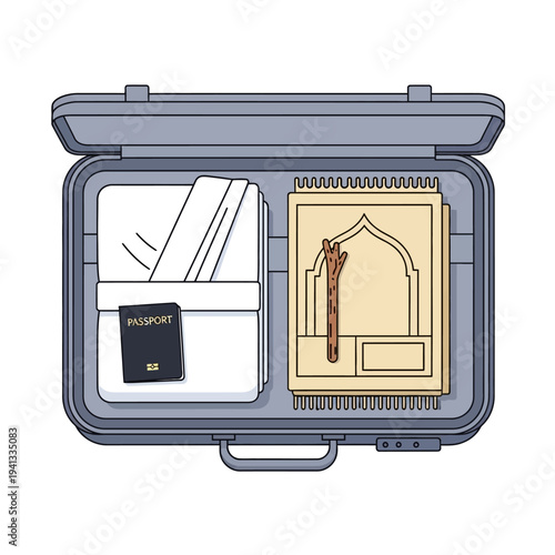 Suitcase full of travel essentials, an illustration of a passport and rug