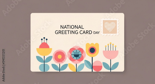 National greeting card day illustration with colorful flowers and postcard