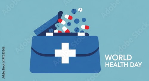 World health day medical kit with pills and capsules spilling out on blue background