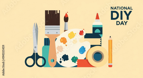 National diy day illustration with art supplies and tools on a yellow background