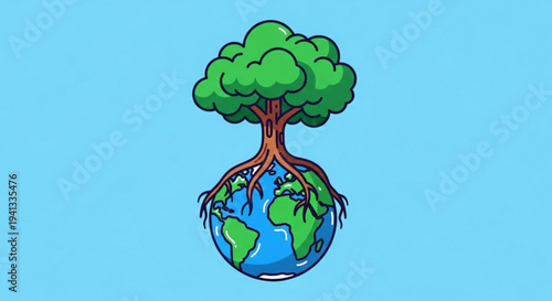 Earth with tree growing out of it symbolizing nature and environmental conservation on a blue background