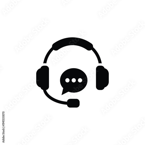 Simple black icon of a headset with a speech bubble on a white background.