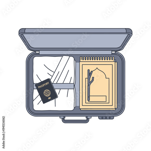 Suitcase with travel essentials showing, passport and prayer mat
