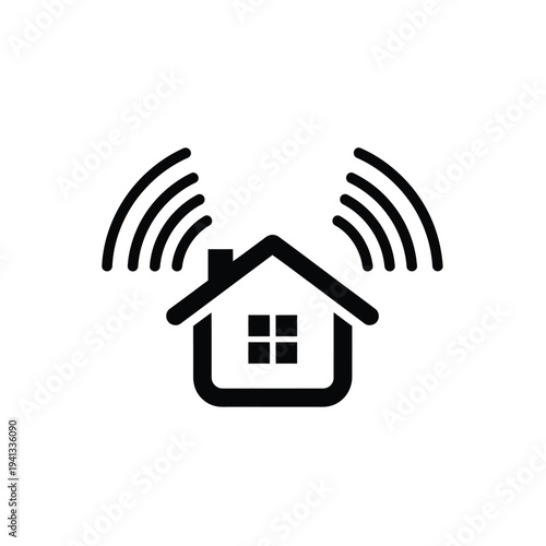 Simple house icon with wireless signal waves emanating from it, representing smart home technology.