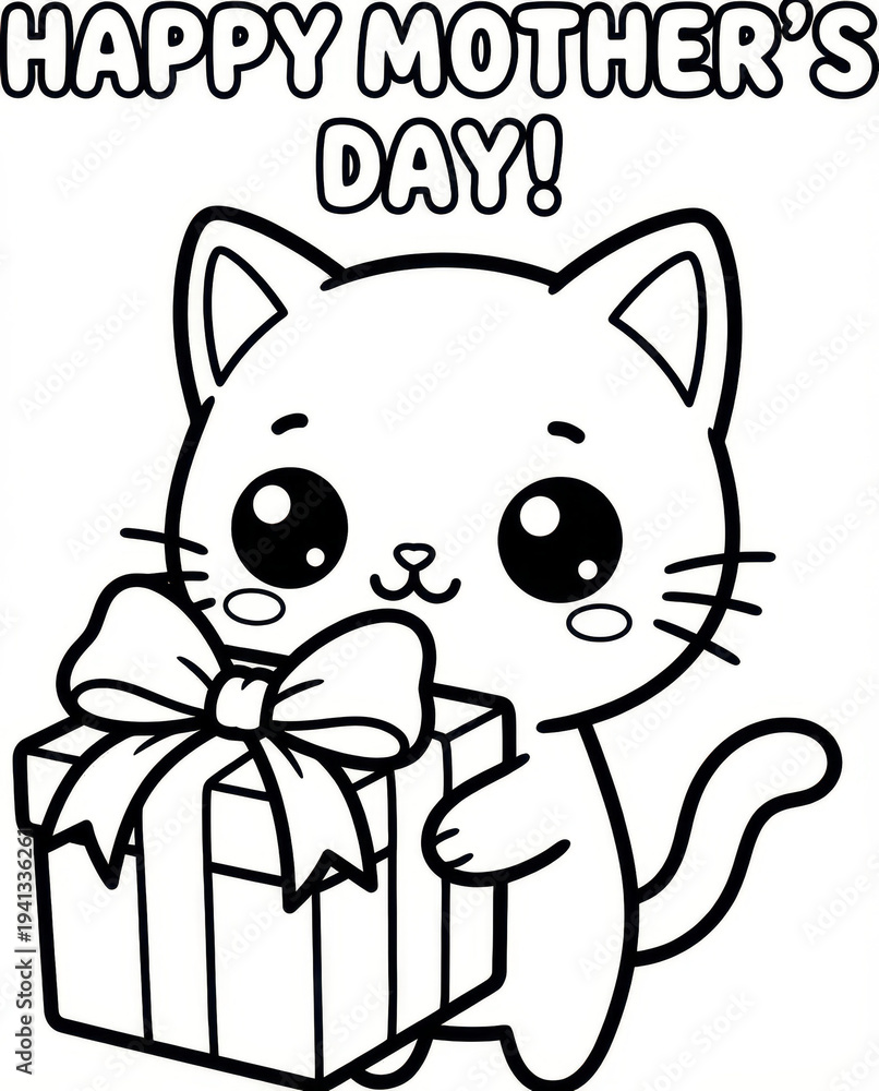 Obraz premium Cute cat kawaii cat cartoon cat mothers day gift box coloring page line art outline drawing cute animal bow ribbon cute cat kawaii cat cartoon cat