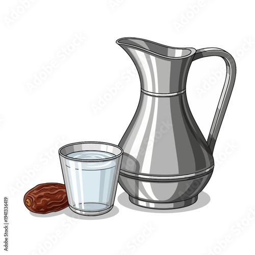 Jug of water with glass of water and date
