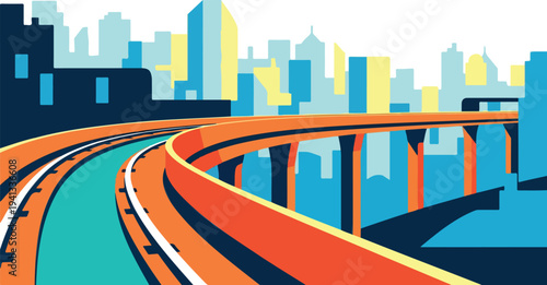 Cityscape highway vector illustration with modern skyscrapers and elevated road