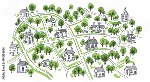 Charming Hand-Drawn Neighborhood Map with Houses and Trees