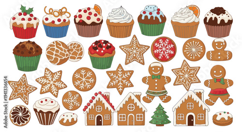Christmas Sweets Assortment: Gingerbread, Cupcakes, Cookies, and Houses