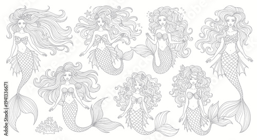 Collection of beautiful mermaids with long flowing hair and fish tails, illustration