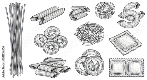 Hand-drawn Italian Pasta Assortment: Spaghetti, Penne, Ravioli, Farfalle, Fusilli