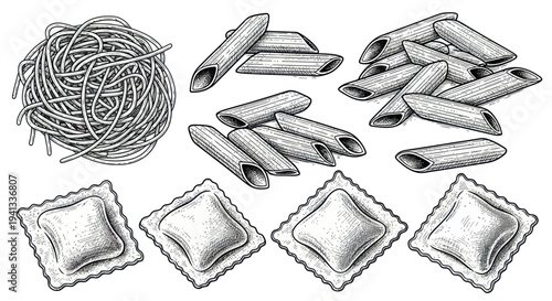 Hand-drawn pasta varieties: tagliatelle nest, penne, and ravioli. Italian food illustration.