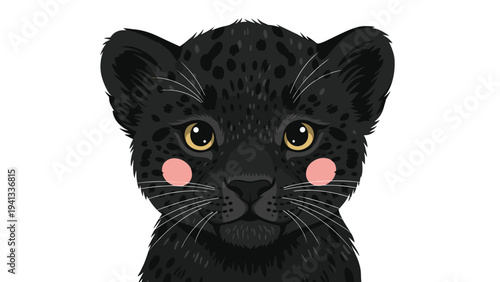 Close-up portrait of a cute black panther cub with big bright eyes and pink cheeks in a charming cartoon art style.