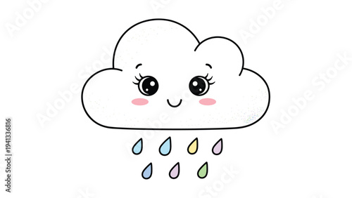Sweet smiling cloud illustration with cute eyes and blushing cheeks accompanied by colorful falling raindrops in a kawaii style.