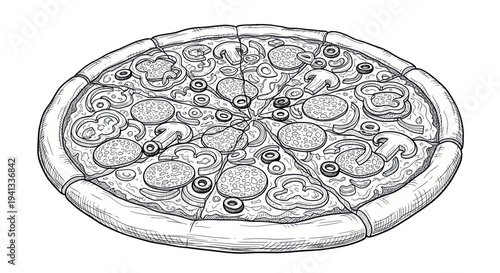 Hand-drawn pizza illustration with pepperoni, mushrooms, olives, and peppers on white background