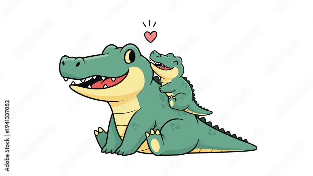 Obraz premium Heartwarming illustration of a large mother crocodile with a cute baby crocodile sitting on her back with a small heart.
