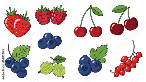 Vibrant collection of various fresh berries including strawberries, raspberries, blueberries, cherries, and gooseberries.