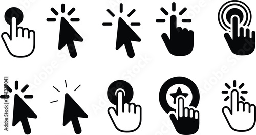 Click and tap gesture icons set, cursor pointer hand pressing button touchscreen interface interaction symbols