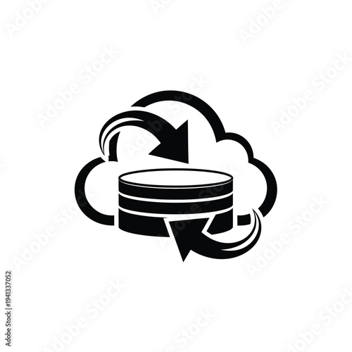 Cloud database synchronization represented by arrows and cloud icon.