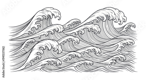 Stylized Ocean Waves Illustration, Hand-Drawn Black and White Sea Swell