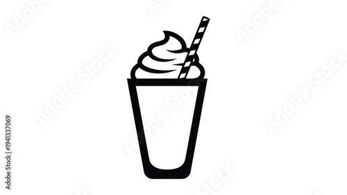Simple black and white icon of a delicious milkshake or frappe with whipped cream on top and a striped straw.