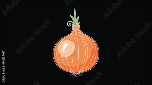 Detailed illustration of a whole fresh onion with green sprouts on a black background highlighting its shape and texture.