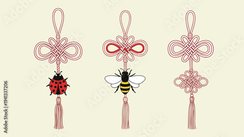 Three traditional oriental knot tassels decorated with a cute ladybug and a honeybee in a classic artistic style.