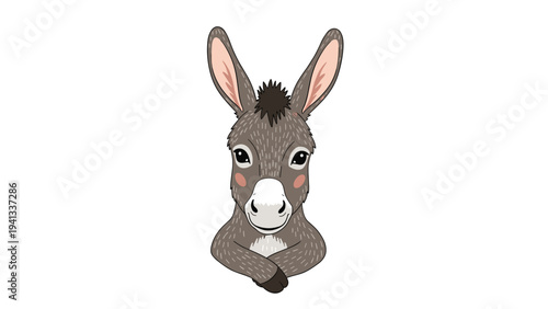 Close-up portrait of a friendly cartoon donkey head with a white muzzle and long ears in a soft hand-drawn style.