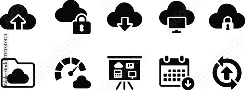 Cloud computing and data storage icon set, secure upload download backup synchronization symbols, digital network technology vector illustration