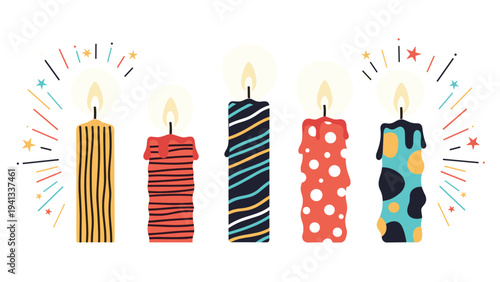 Five colorful candles with various patterns like stripes and dots are shown with bright sparks to celebrate birthdays and special occasions.