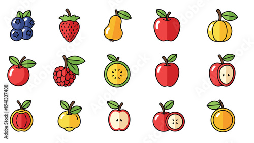 Colorful collection of fruit icons like apples and berries and pears are displayed in a clean grid for grocery and healthy eating designs.