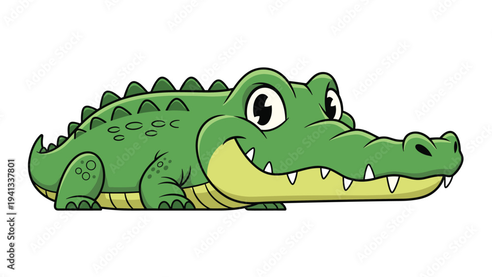 Fototapeta premium Friendly green cartoon crocodile with a wide smile and bright eyes is shown in a profile view for children stories and animal character art.