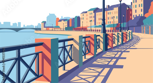 Colorful cityscape vector illustration with waterfront promenade and modern buildings
