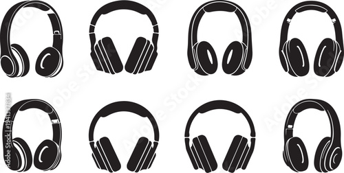 Black and white headphones in different positions illustration set