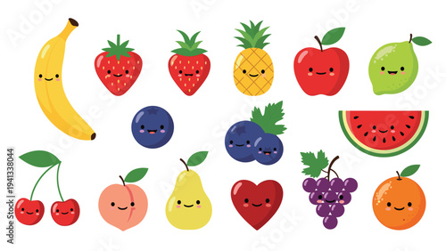Cute pixel art fruit characters with tiny smiling faces including bananas and apples and grapes are shown for fun healthy snack designs.