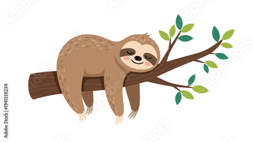 Adorable cartoon sloth sleeping peacefully on a brown tree branch with small green leaves against a plain white background.