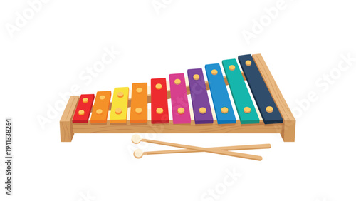 Musical toy xylophone for children featuring colorful wooden bars in a frame and two mallets resting underneath the instrument.