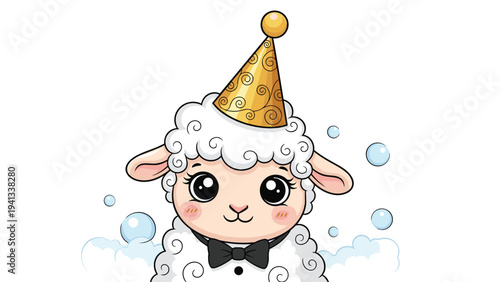 Sweet white lamb character wearing a golden party hat and black bow tie surrounded by blue bubbles in a celebration theme.