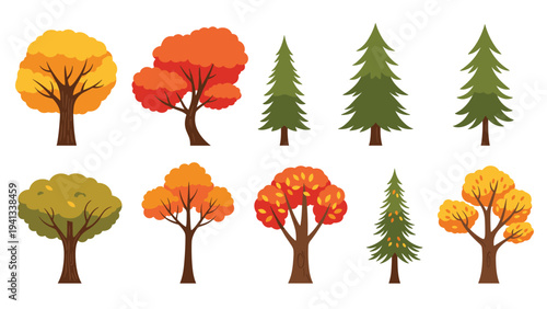 Diverse collection of autumn and evergreen trees in various shapes and colors like orange, yellow, and green on white background.