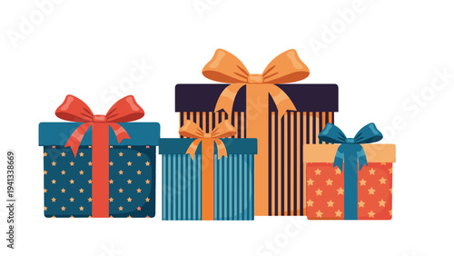 Group of four decorative gift boxes with different patterns like stars and stripes topped with large colorful ribbons.