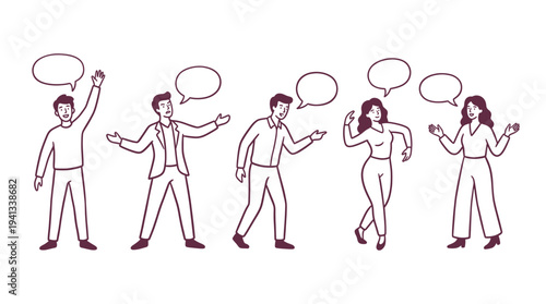Diverse group of expressive people gesturing and talking with blank speech bubbles in a clean line art style for versatile communication.