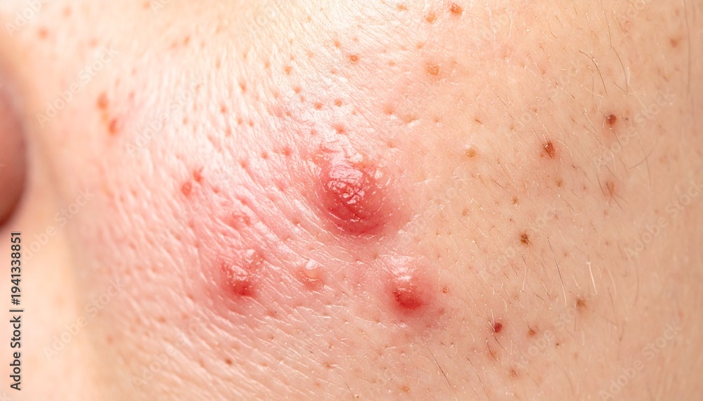 Fototapeta premium Closeup Skin Texture with Acne Scars and Blemishes Dermatology Condition