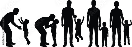 Flat vector illustration of father and child silhouettes, family bond, parenting moments, love, play, affection, companionship, growth stages