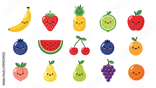 Comprehensive set of fifteen cute cartoon fruit characters with happy faces including banana, strawberry, and watermelon.