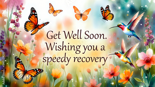 Get well soon greeting, expressing wish for a speedy recovery.  Butterfly and hummingbird background.