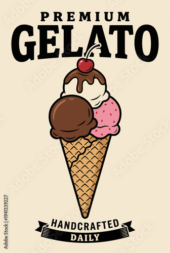 This mouthwatering image presents a delicious gelato ice cream cone topped with a cherry, showcasing a variety of flavors that evoke indulgence and happiness.