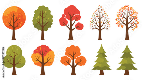 Diverse collection of ten stylized trees displays various shapes and vibrant autumn colors like orange, red, and green.